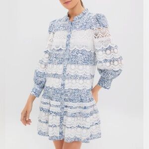 hyacinth house lace trim blue etched floral emmie mini dress Hyacinth House Navy Floral Mimi Mini Dress Navy Floral / XS
